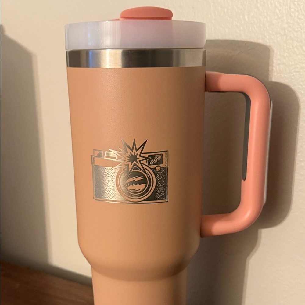Pink Travel Mug with Camera Design customize it to your liking